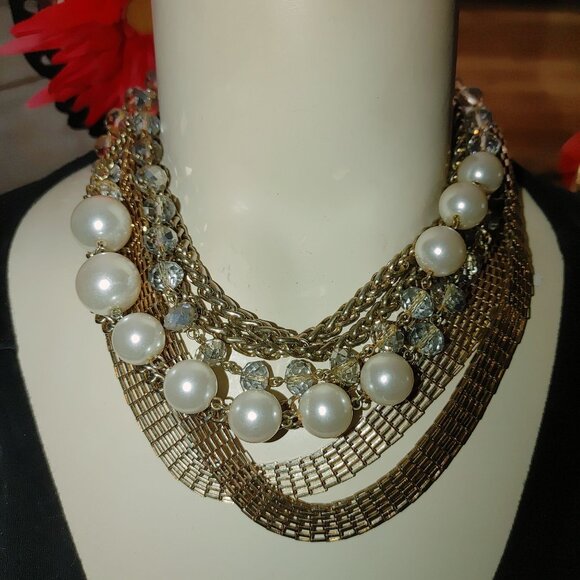 Statement Necklace Multi 8 Strand Glass Crystals Faux Pearls Gold Silver Chunky - Picture 15 of 15